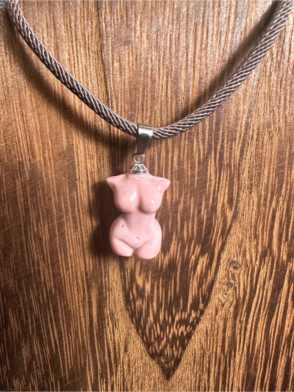 Mini Light Pink Alashan Agate Lady Body Carving Pendant Necklace on Brown Rope - Picture 9 of 16